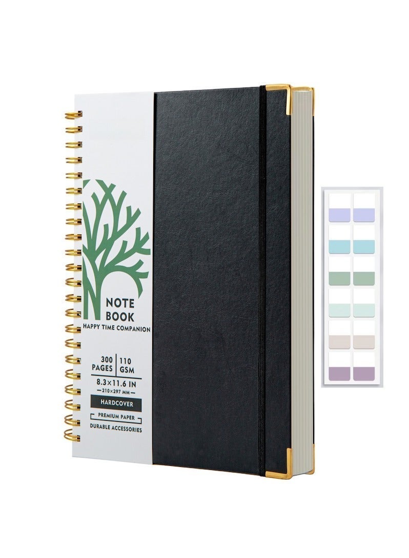A4 Hardcover Spiral Notebook 300 Pages, Premium 110GSM Thick Lined Paper Notebook With Metal Rounded Include 12pcs Index Tabs, Good Choose For Work,School, Journal, Black - Image 1